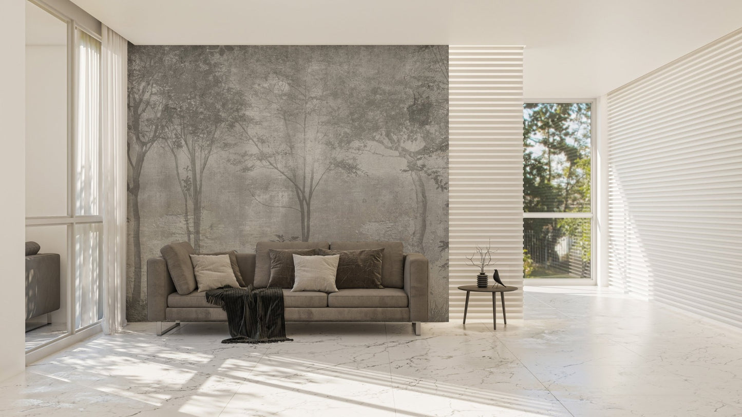 Mystical woodland mural for nature-inspired living room wall decor.
