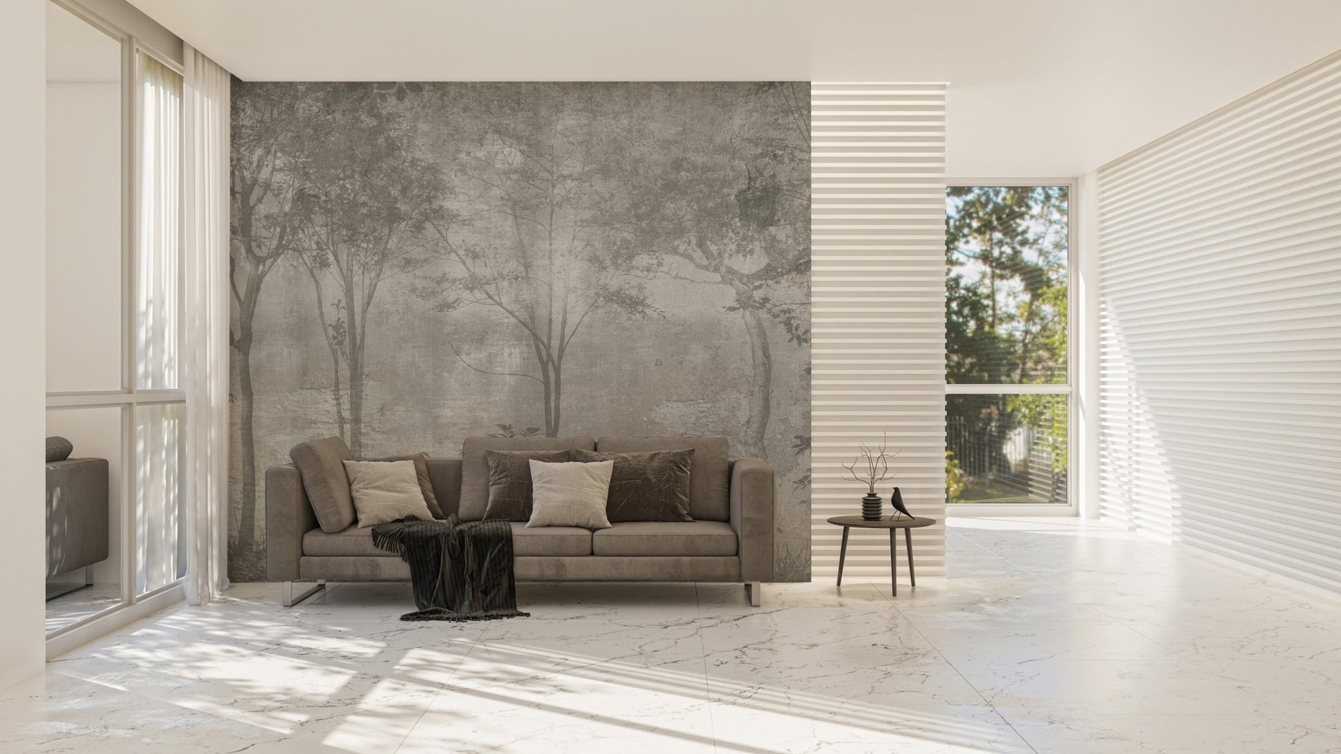 Mystical woodland mural for nature-inspired living room wall decor.

