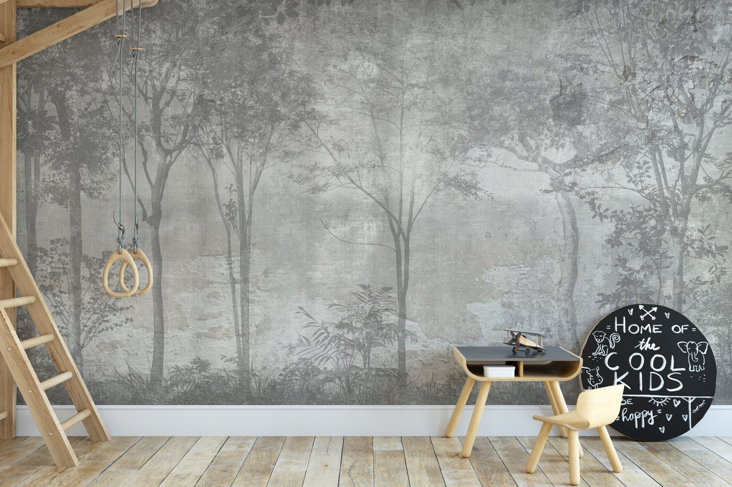 Forest haven wall mural featuring a dreamy woodland view in kids creative room.
