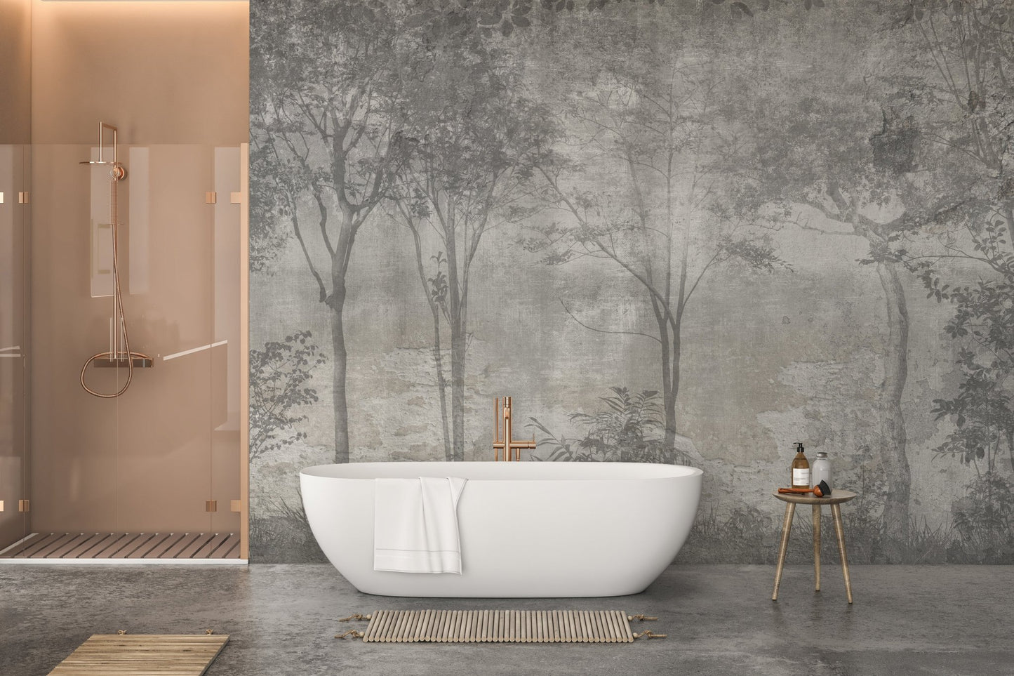 Dreamy forest wall mural with mystical, verdant tones in bathroom.
