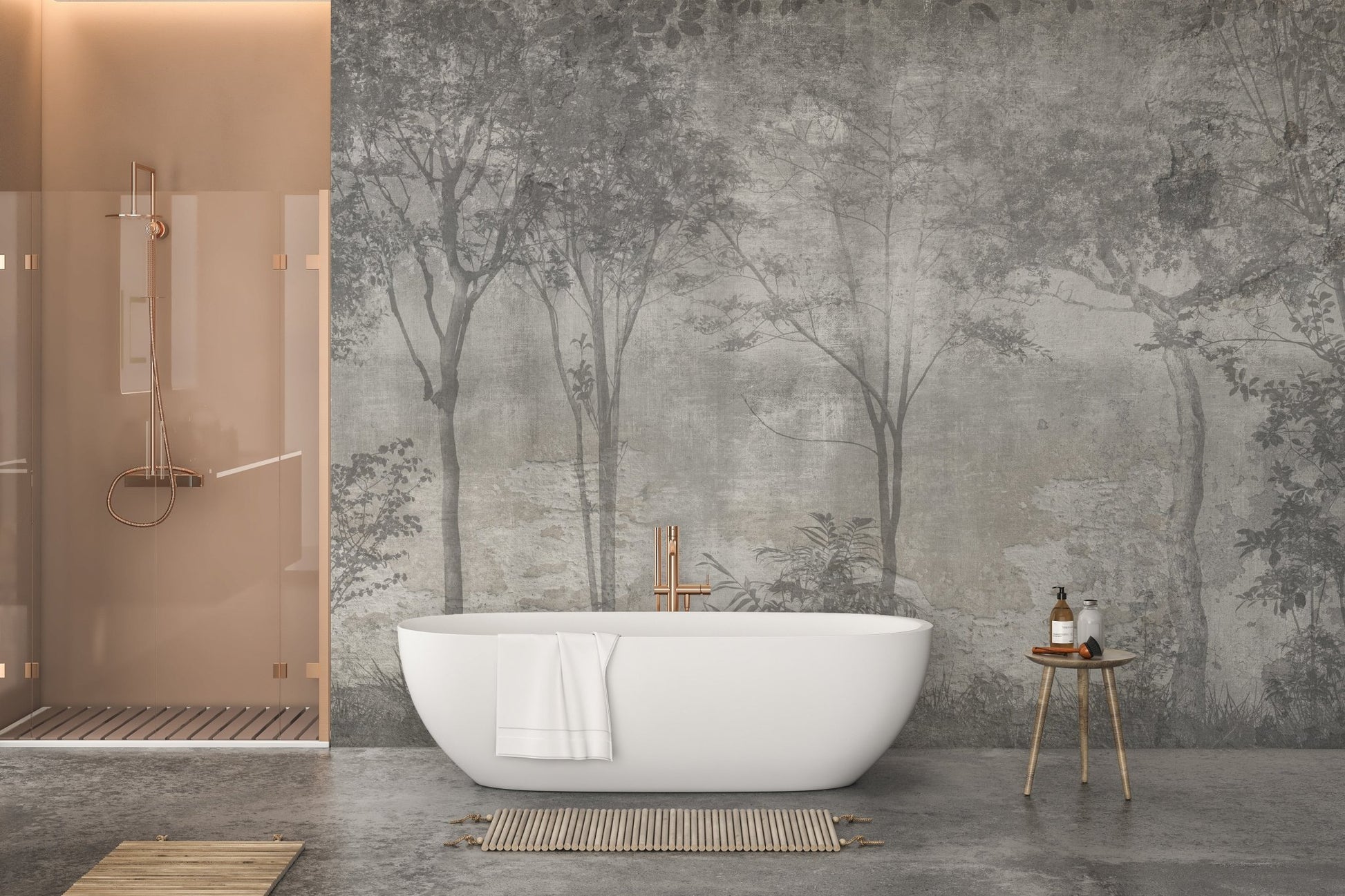 Dreamy forest wall mural with mystical, verdant tones in bathroom.
