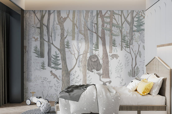 Enchanted forest mural with playful animals and lush greenery for bedroom.