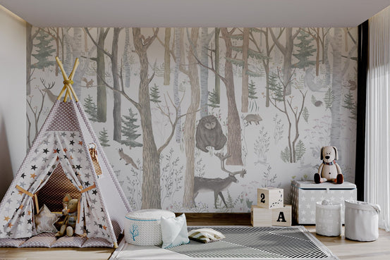 Mystical forest mural with rabbits, bears, deer, and squirrels amidst tall trees.