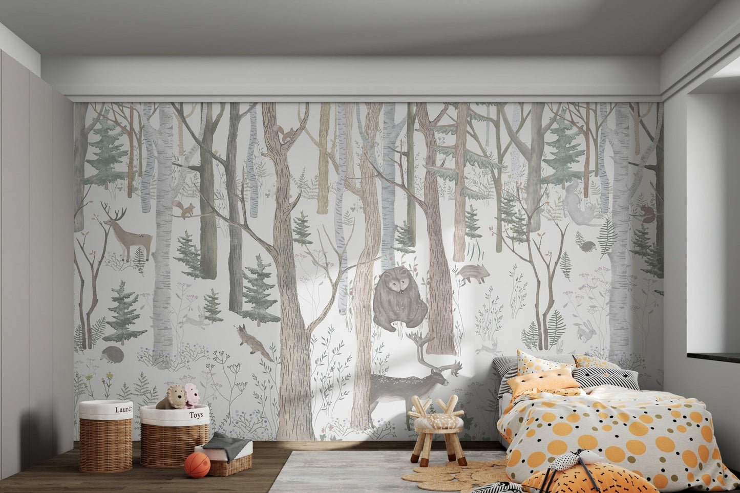 Scenic forest wall mural showing bears among trees in kids bedroom.
