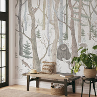Subtle green and grey forest wall mural for modern interiors.