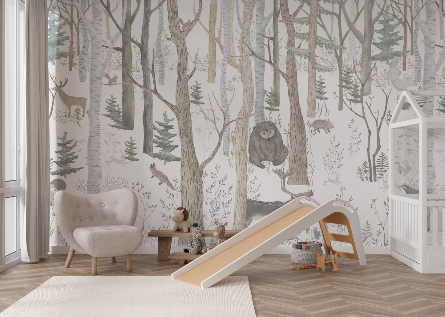 Watercolor deer and birch tree wall mural for nursery decoration.
