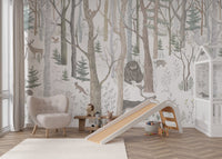 Watercolor deer and birch tree wall mural for nursery decoration.