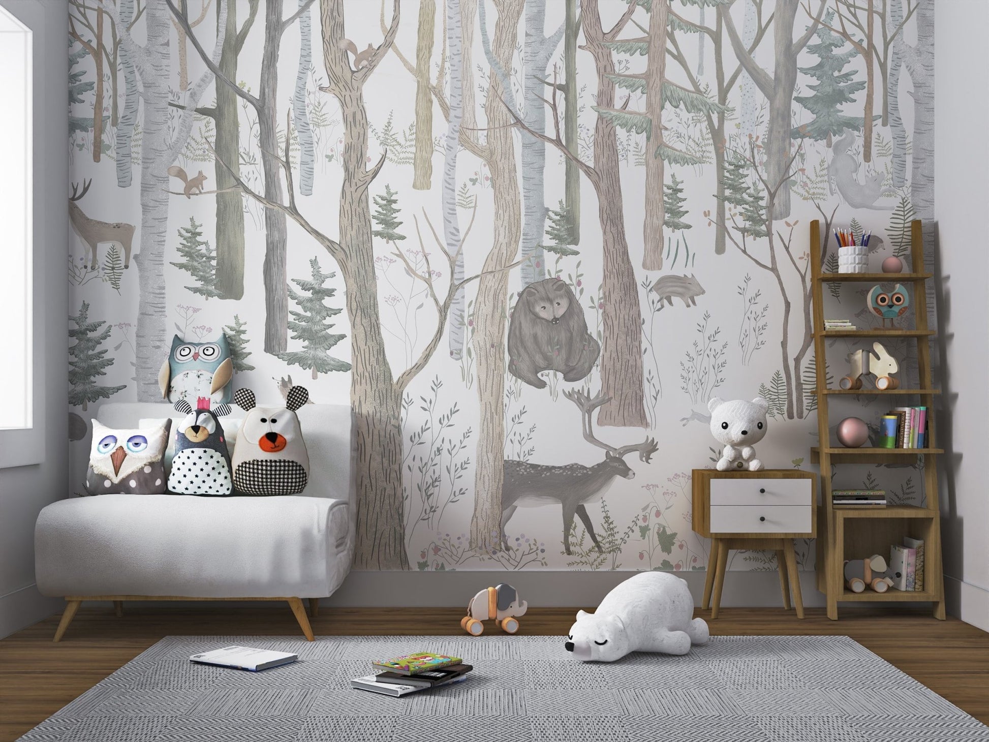 Forest wall mural with rabbits, deer, and trees in child's nursery area.