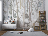 Forest wall mural with rabbits, deer, and trees in child's nursery area.