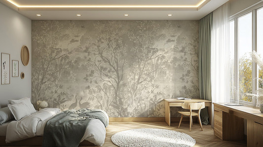 Mystical gray jungle wall mural featuring tall trees and flying birds.