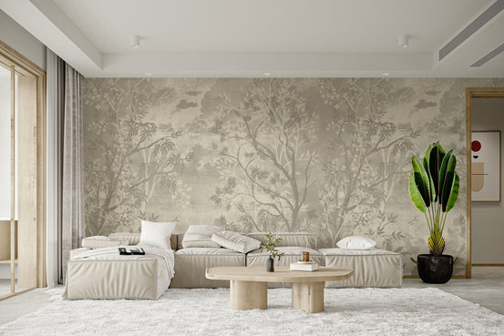 Vintage style forest wall mural in soft gray and beige tones.