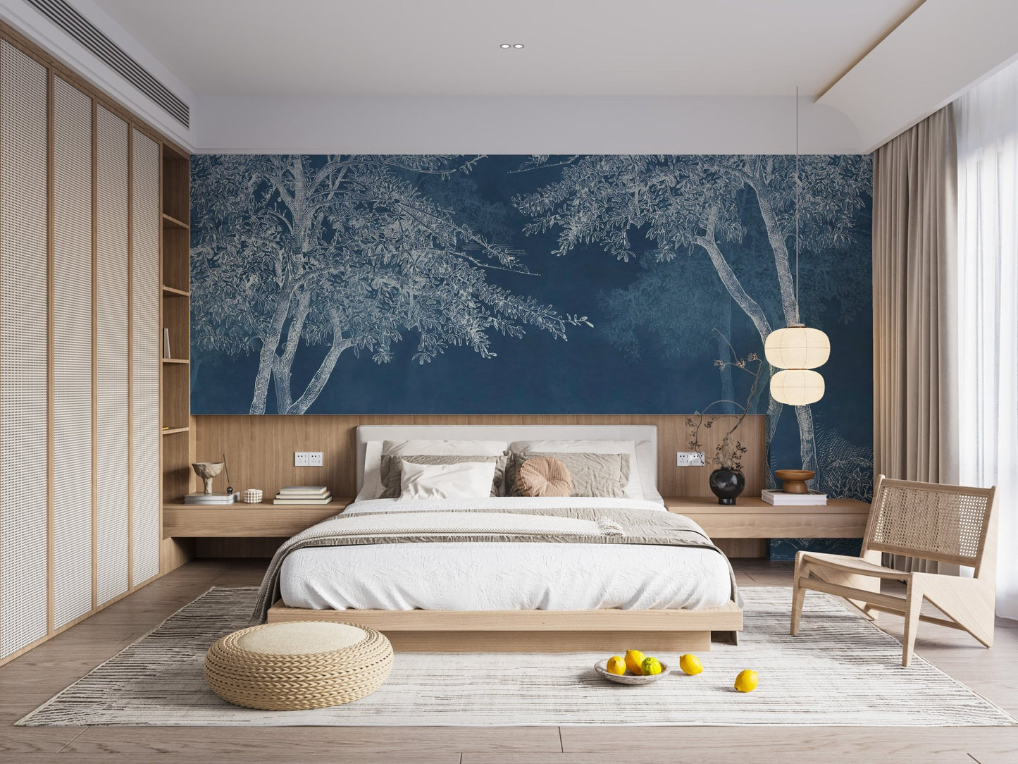 Mystical Indigo Wilderness wall mural featuring white tree silhouettes in a bedroom.