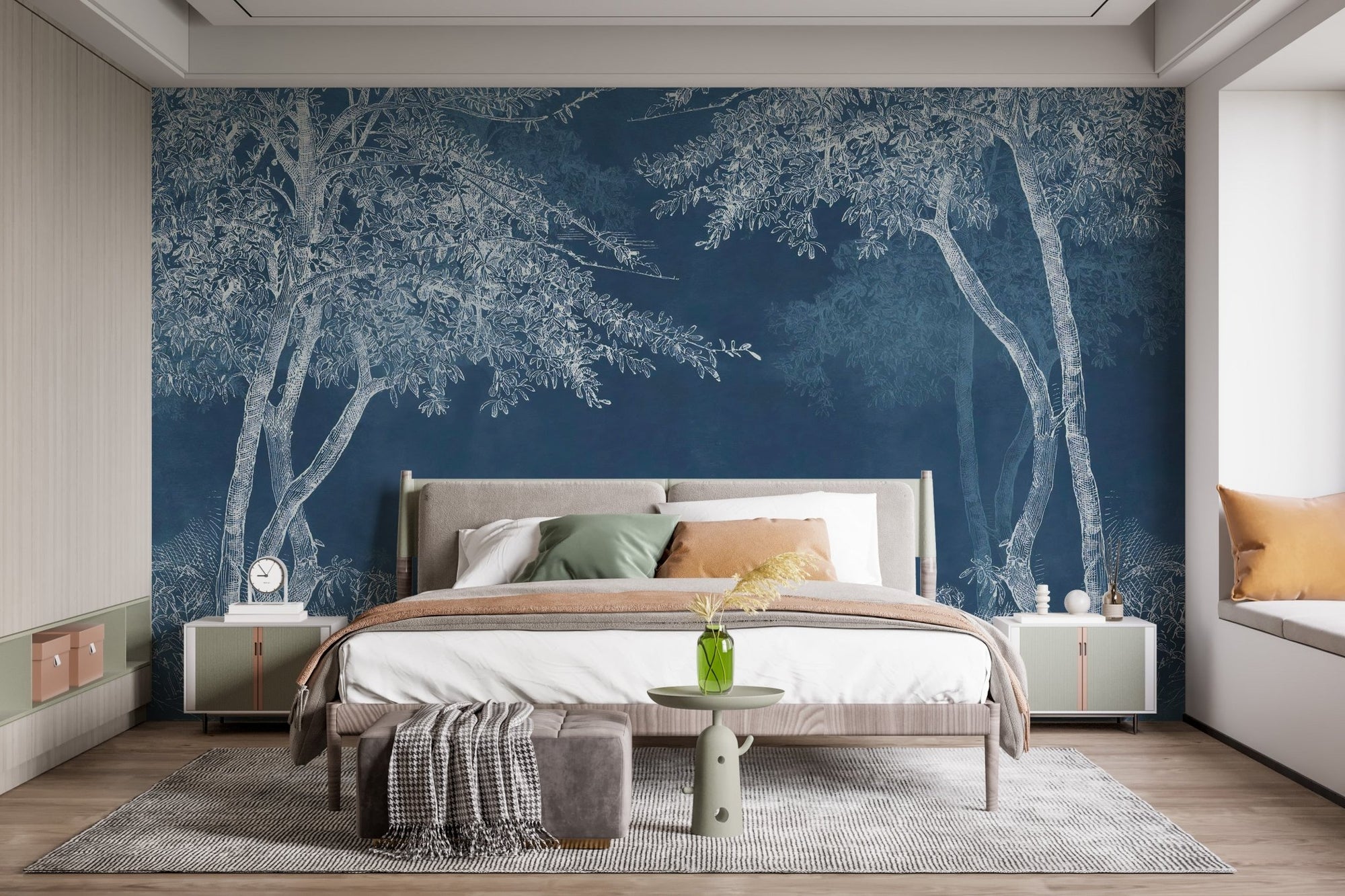 Mystical Indigo Wilderness Wall Mural in a modern bedroom with white bedding.