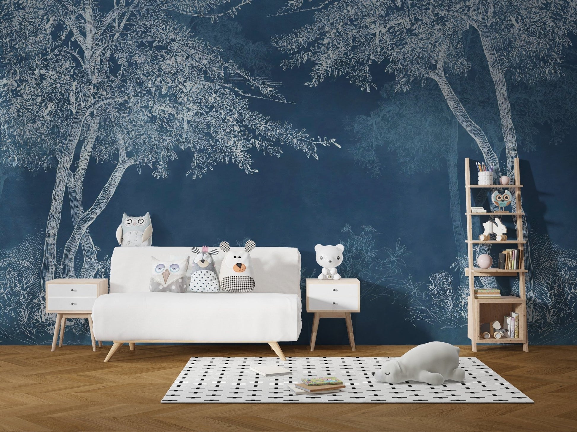 Mystical Indigo Wilderness wall mural in a playroom with white storage units.