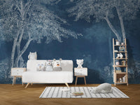 Mystical Indigo Wilderness wall mural in a playroom with white storage units.