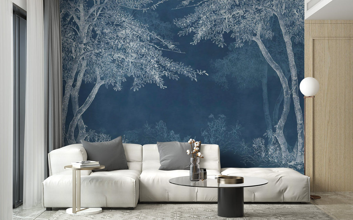 Blue wilderness wall mural in a living room with a white sectional sofa.