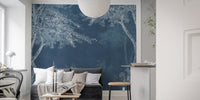 Blue wilderness landscape wall mural in a minimalist living room with a black sofa.