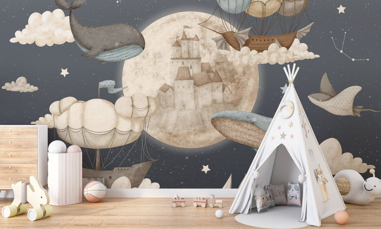 Mystical marine life wall mural with stars and sailing boats.