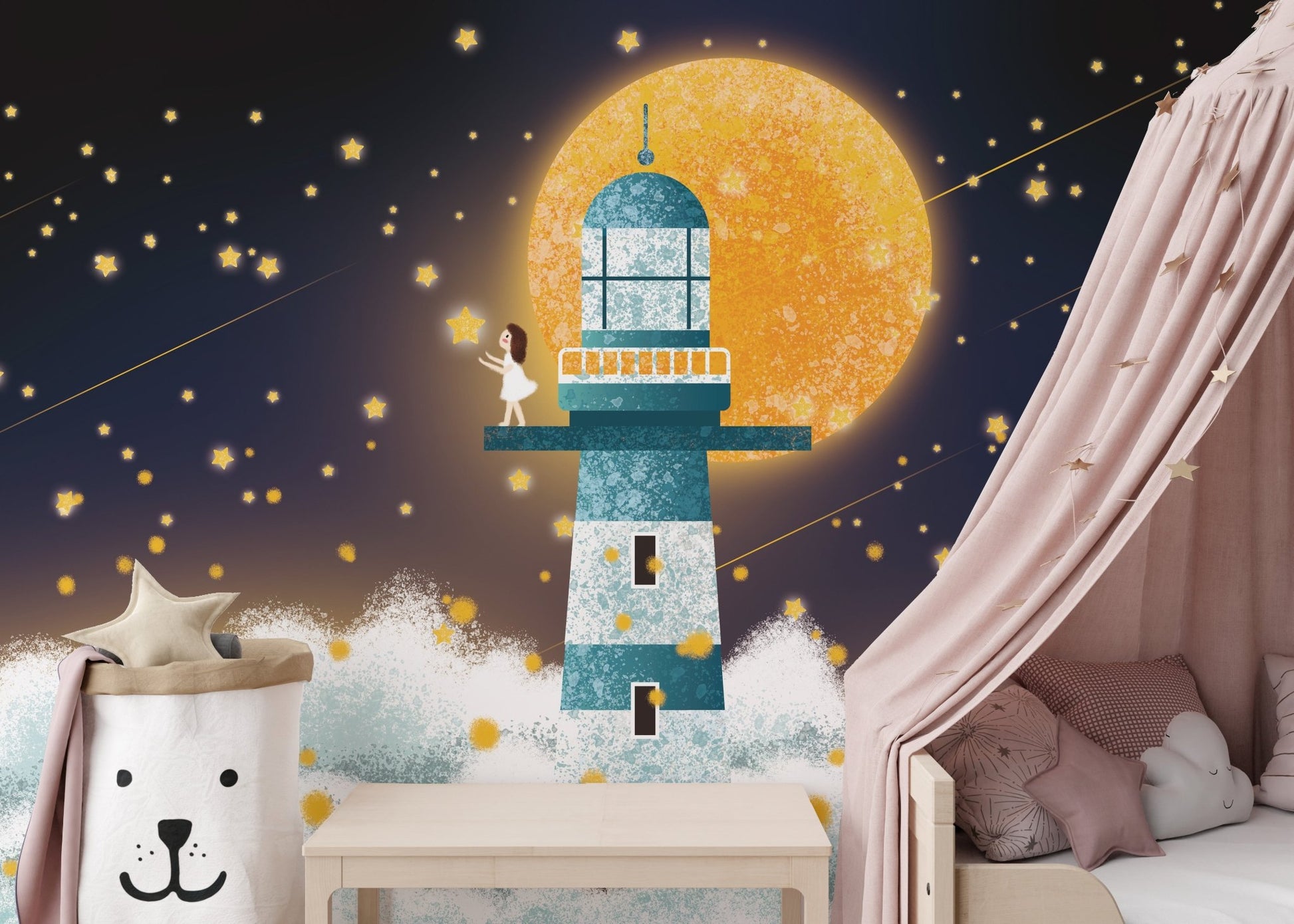 Toddler bedroom with pink curtains and mystical moonlit wall mural backdrop.
