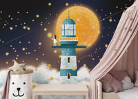 Toddler bedroom with pink curtains and mystical moonlit wall mural backdrop.