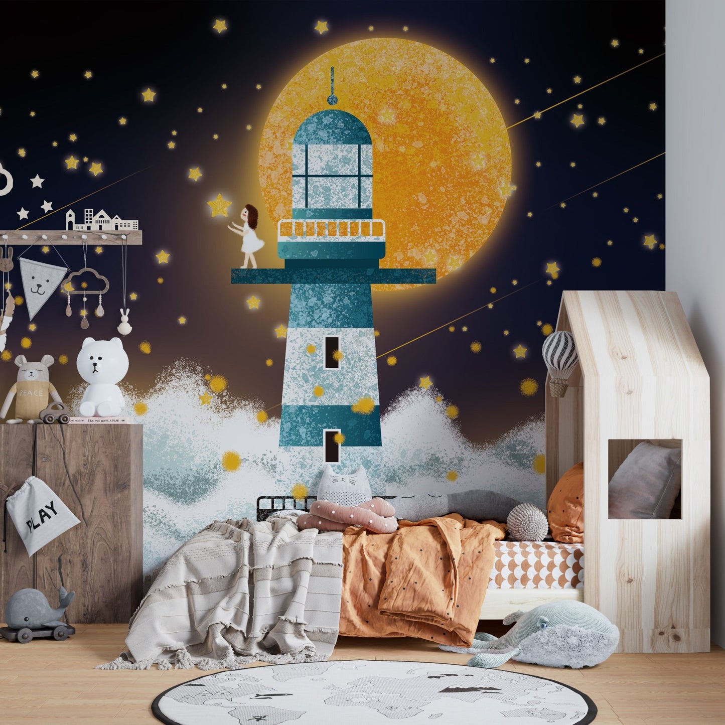 Modern interior with grey flooring and lighthouse wall mural featuring an orange moon.