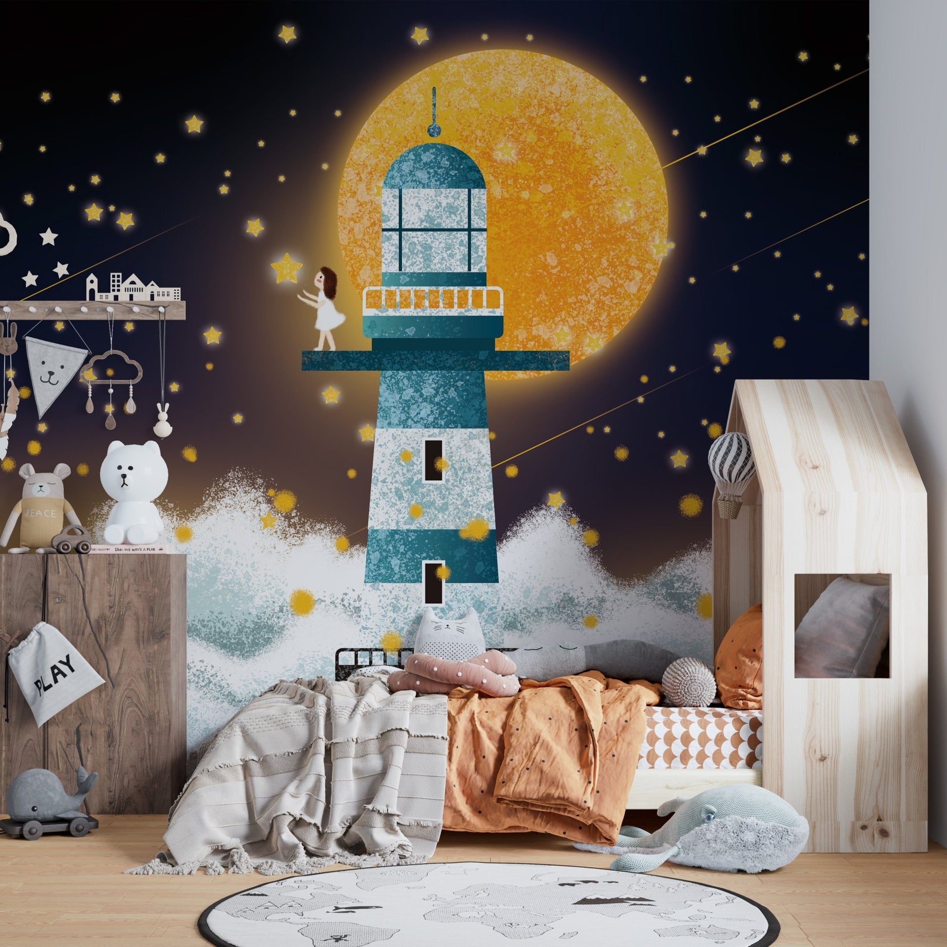 Modern interior with grey flooring and lighthouse wall mural featuring an orange moon.