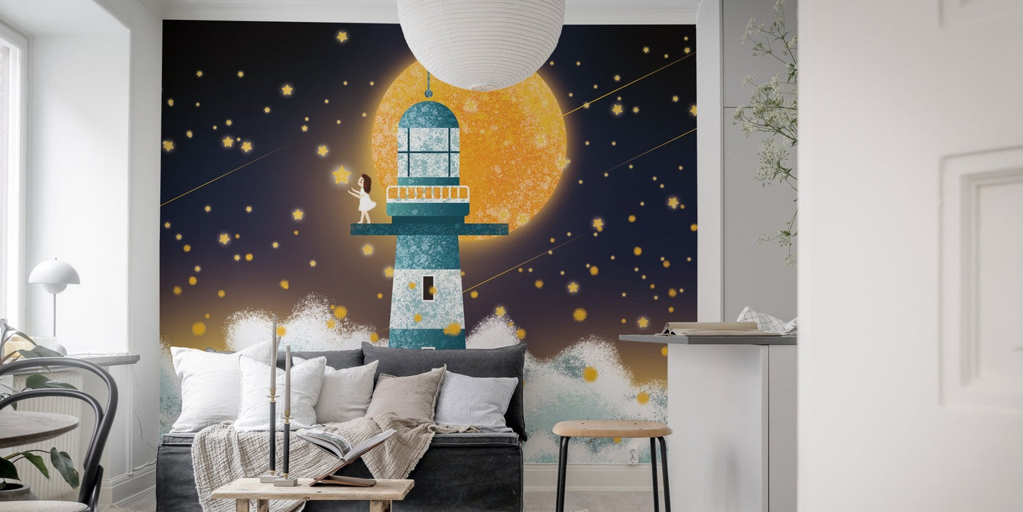 Minimalist living space with moon and lighthouse wall mural in navy and gold tones.