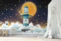 Baby room decor with dreamcatcher and moonlight wall mural on a dark background.