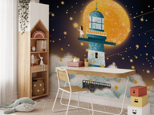 Kids study desk with mystical moonlit wall mural featuring a blue lighthouse.