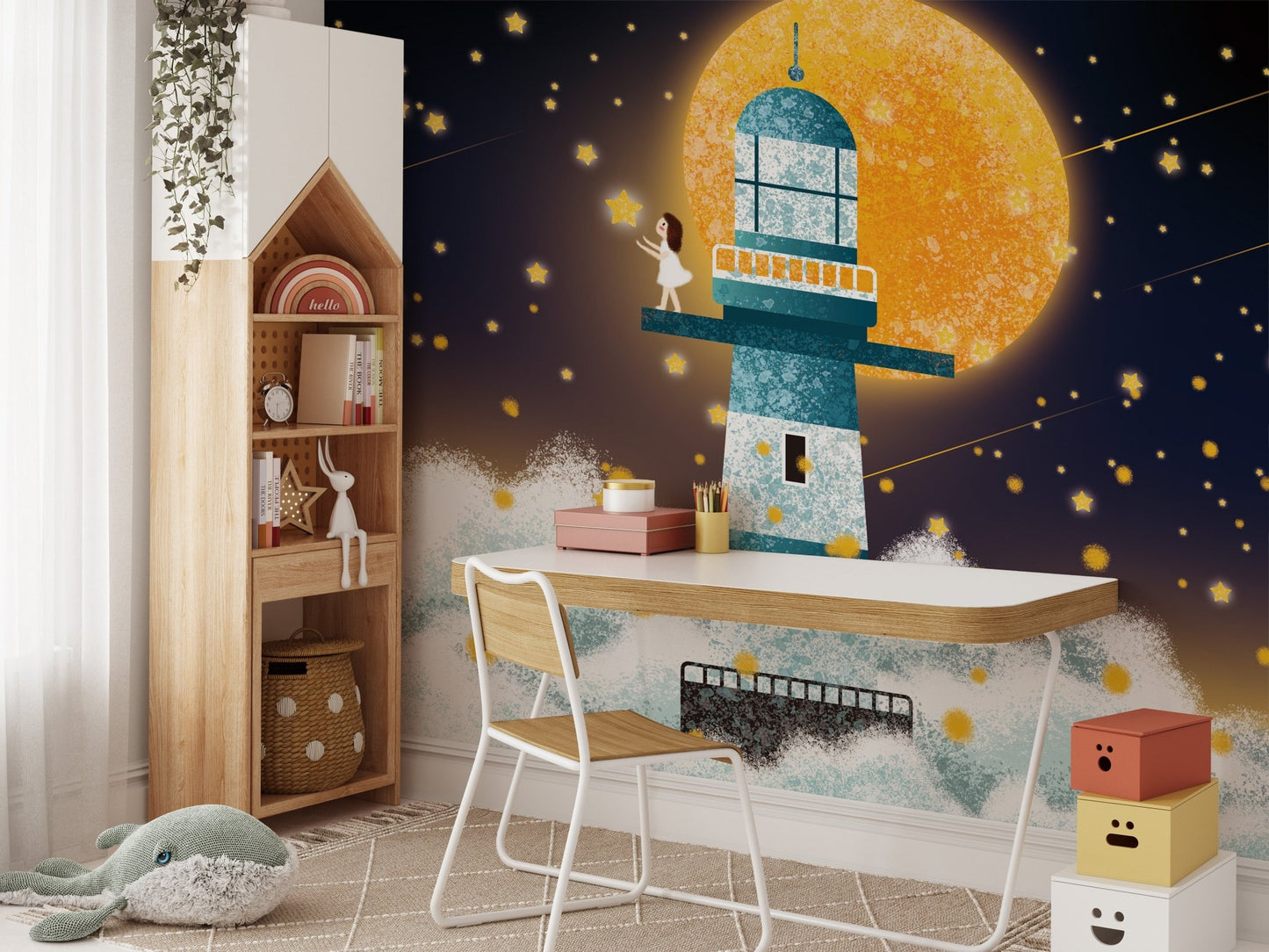 Kids study desk with mystical moonlit wall mural featuring a blue lighthouse.