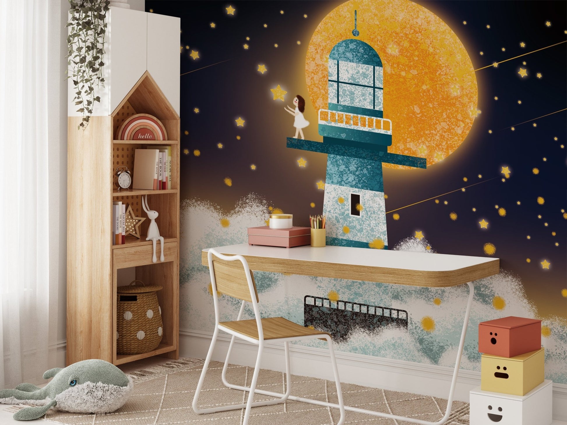 Kids study desk with mystical moonlit wall mural featuring a blue lighthouse.