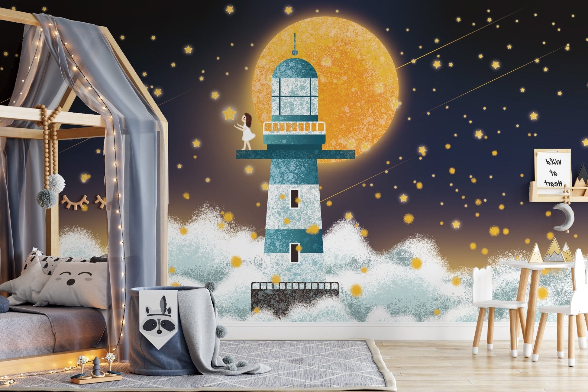 Bedroom moonlight wall mural showing a lighthouse floating on clouds with yellow stars.