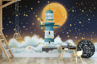 Children's study room featuring a mystical moonlit wall mural and wooden furniture.