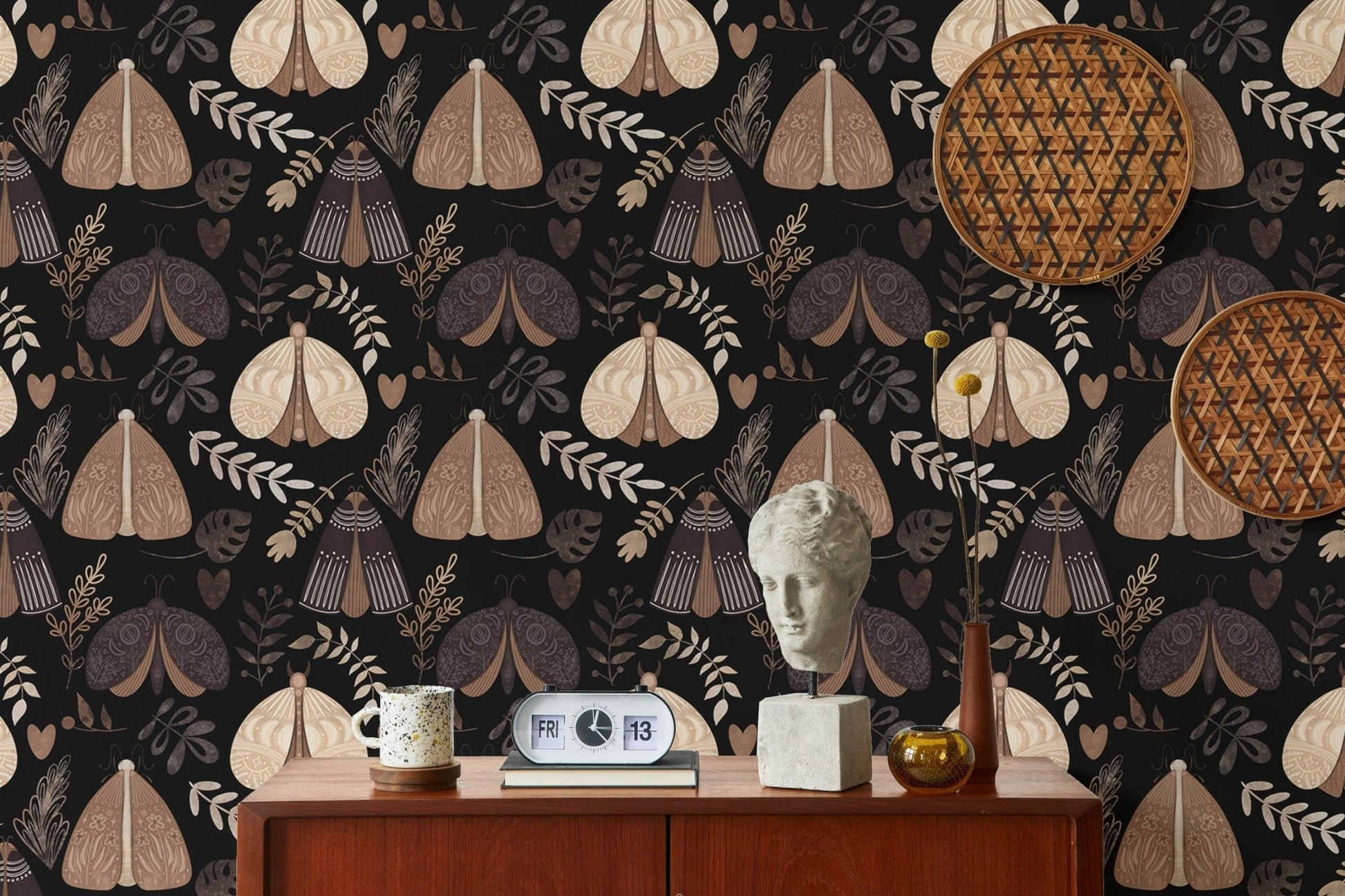 Black background wallpaper with cream moths and white flowers for a flat.