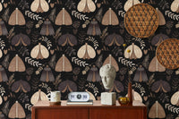 Black background wallpaper with cream moths and white flowers for a flat.