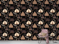 Mystical Moths and Floral Elements Seamless Pattern Wallpaper with pink chair in kids room.