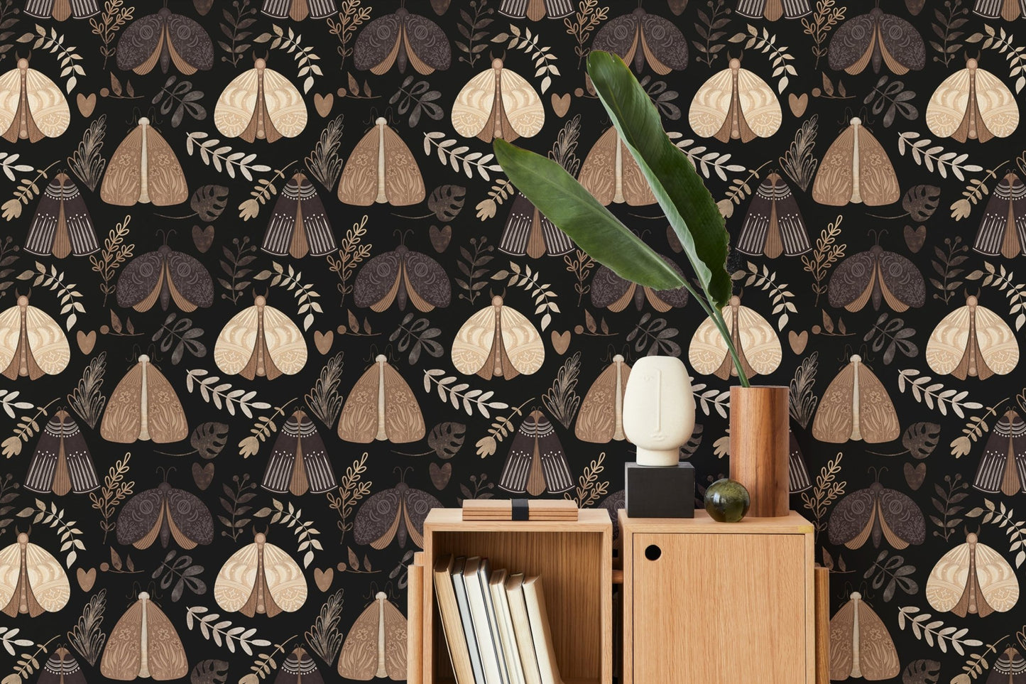 Mystical Moths and Floral Elements Seamless Pattern Wallpaper in a study room.