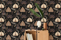 Mystical Moths and Floral Elements Seamless Pattern Wallpaper in a study room.