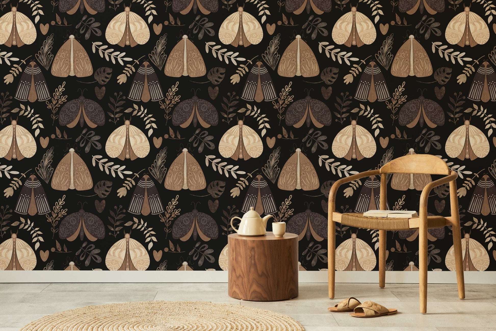 Botanical insect wall mural in a living area with wooden furniture and rug.