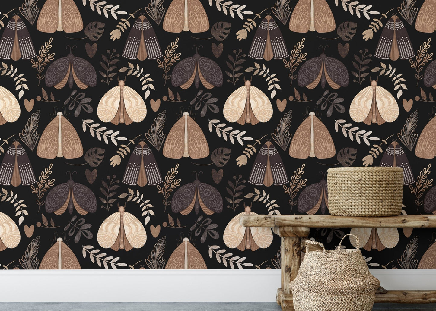 Seamless moth pattern wallpaper behind a rustic wooden bench and baskets.