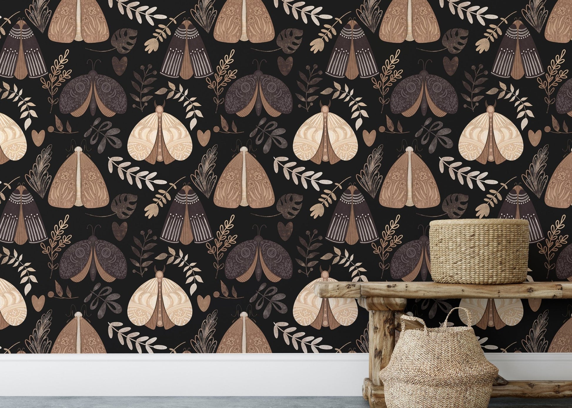 Seamless moth pattern wallpaper behind a rustic wooden bench and baskets.