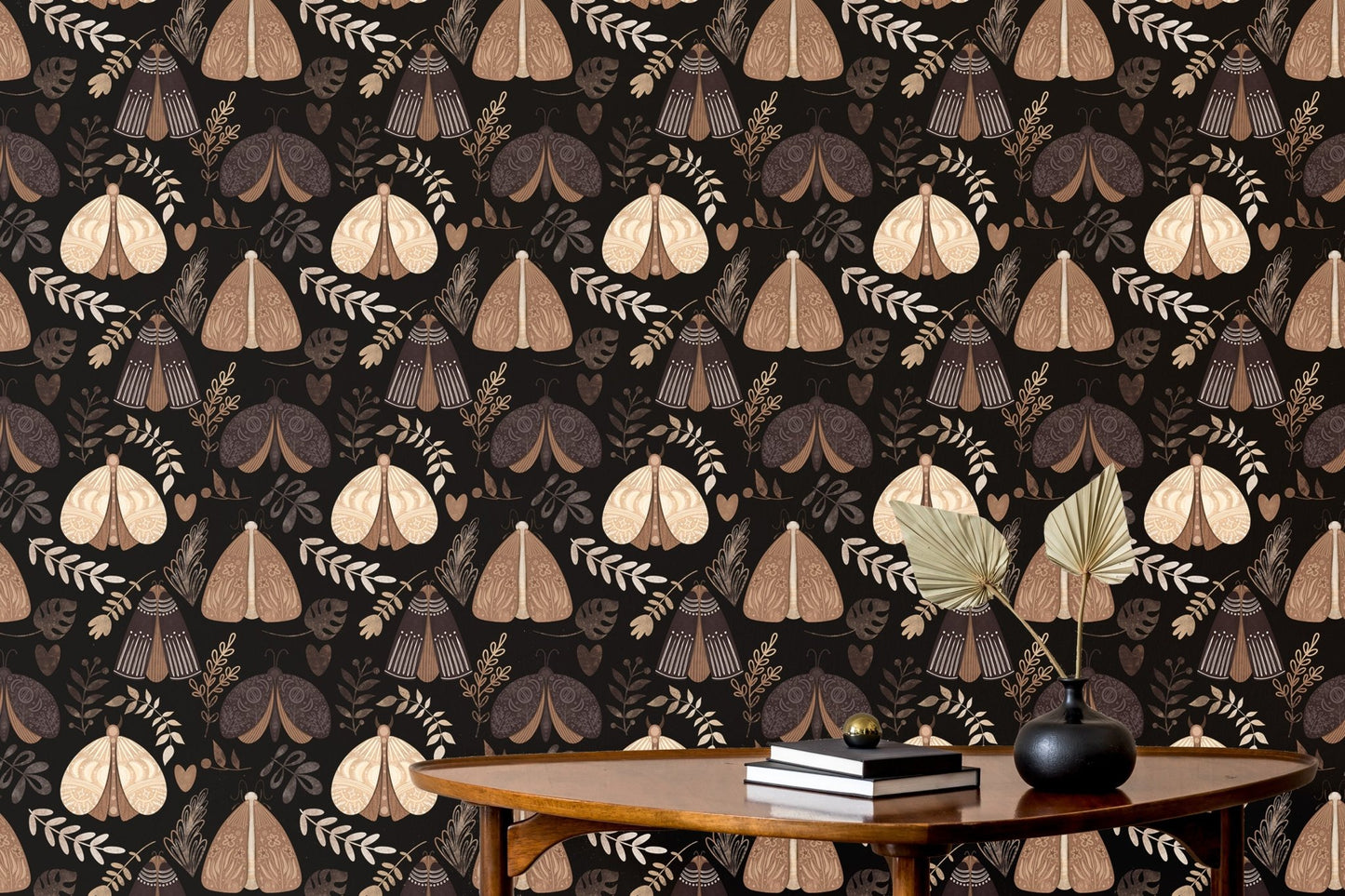 Mystical moth and floral wallpaper for enchanting hallway interiors.