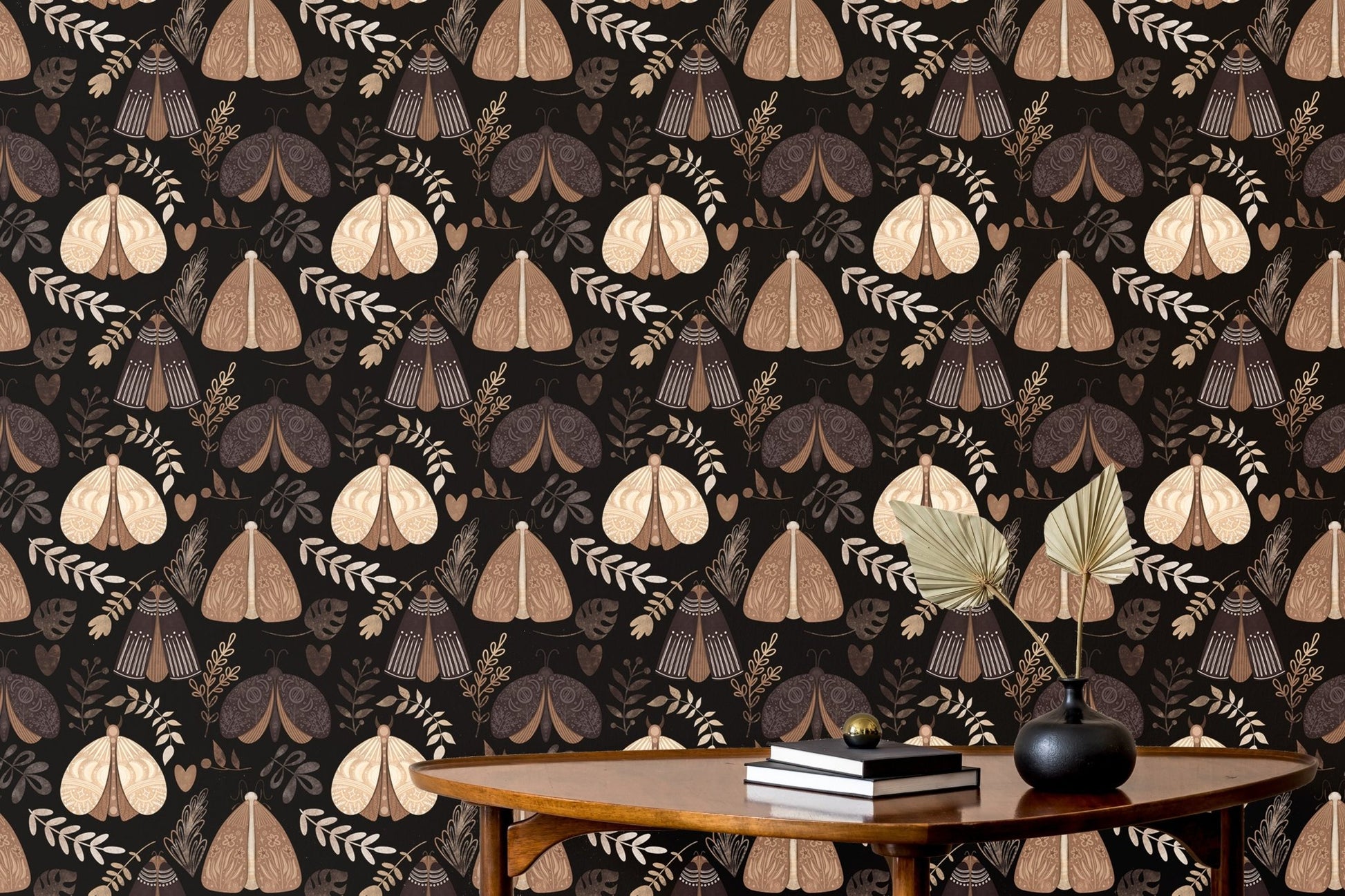 Mystical moth and floral wallpaper for enchanting hallway interiors.