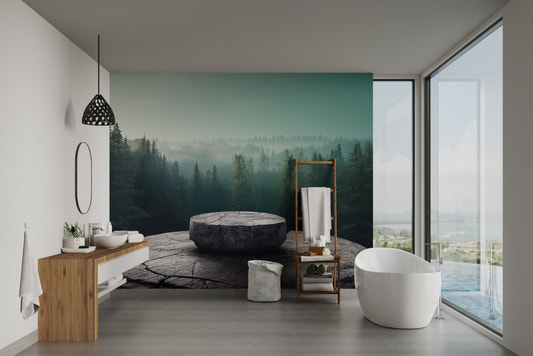 Pine forest wall mural featuring a textured stone surface.