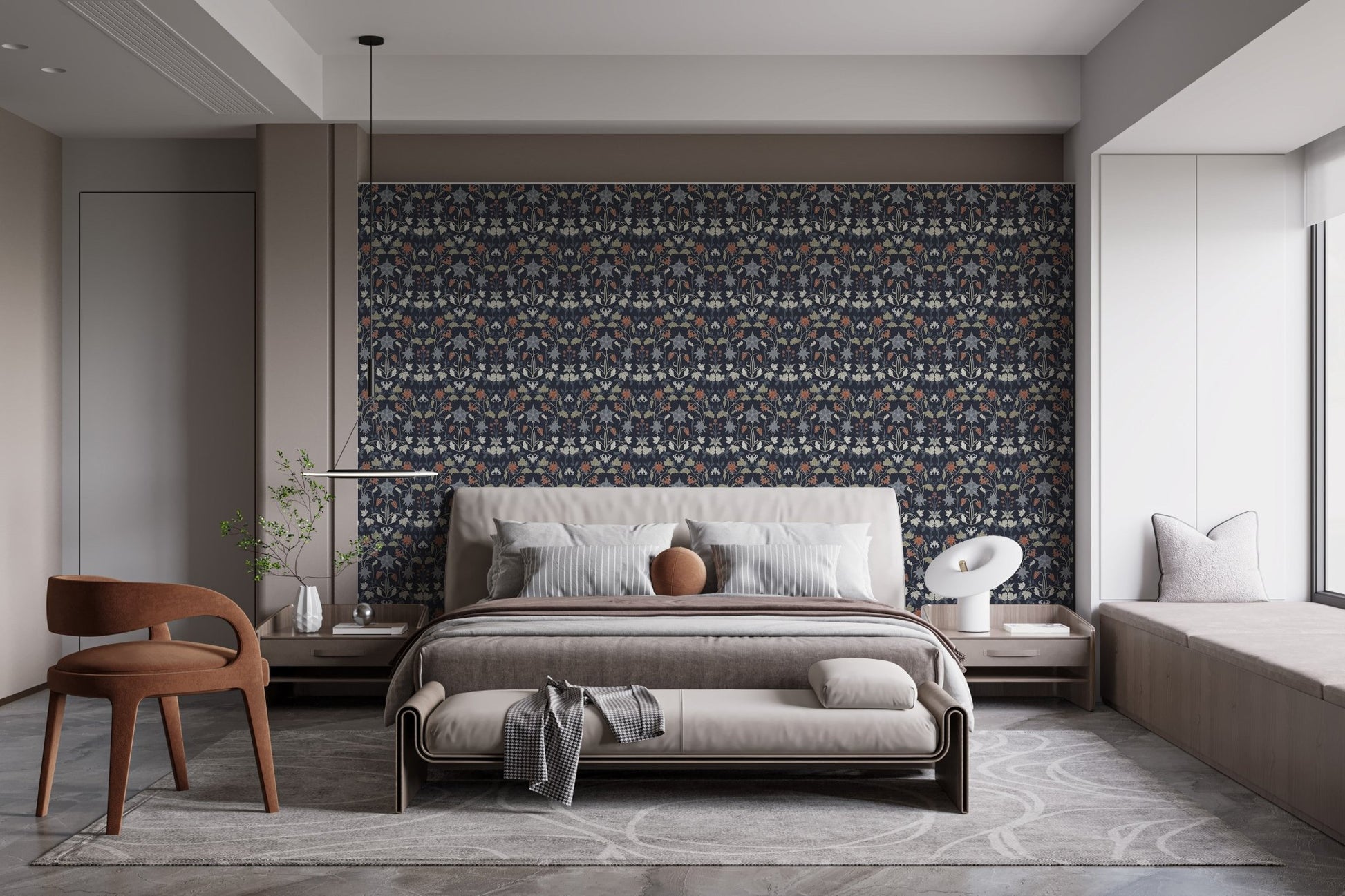 Mystical tiffany wall mural in deep blue and cream tones.