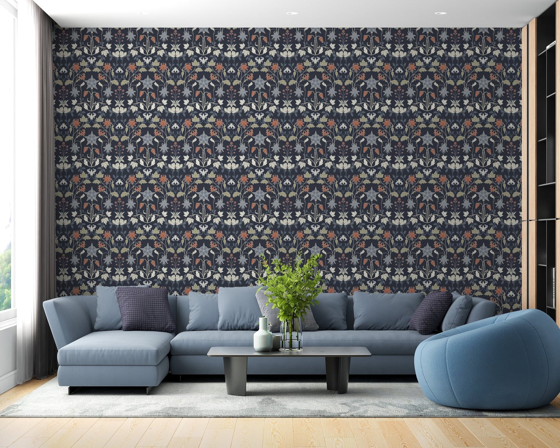 Traditional tiffany wall mural in rich navy background.