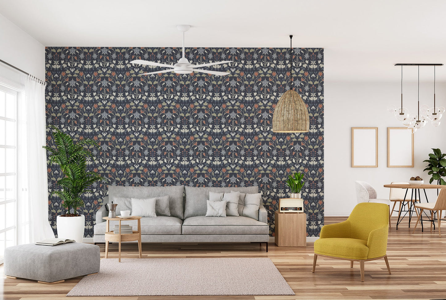 Decorative floral wallpaper mural with repeating leaf motifs.