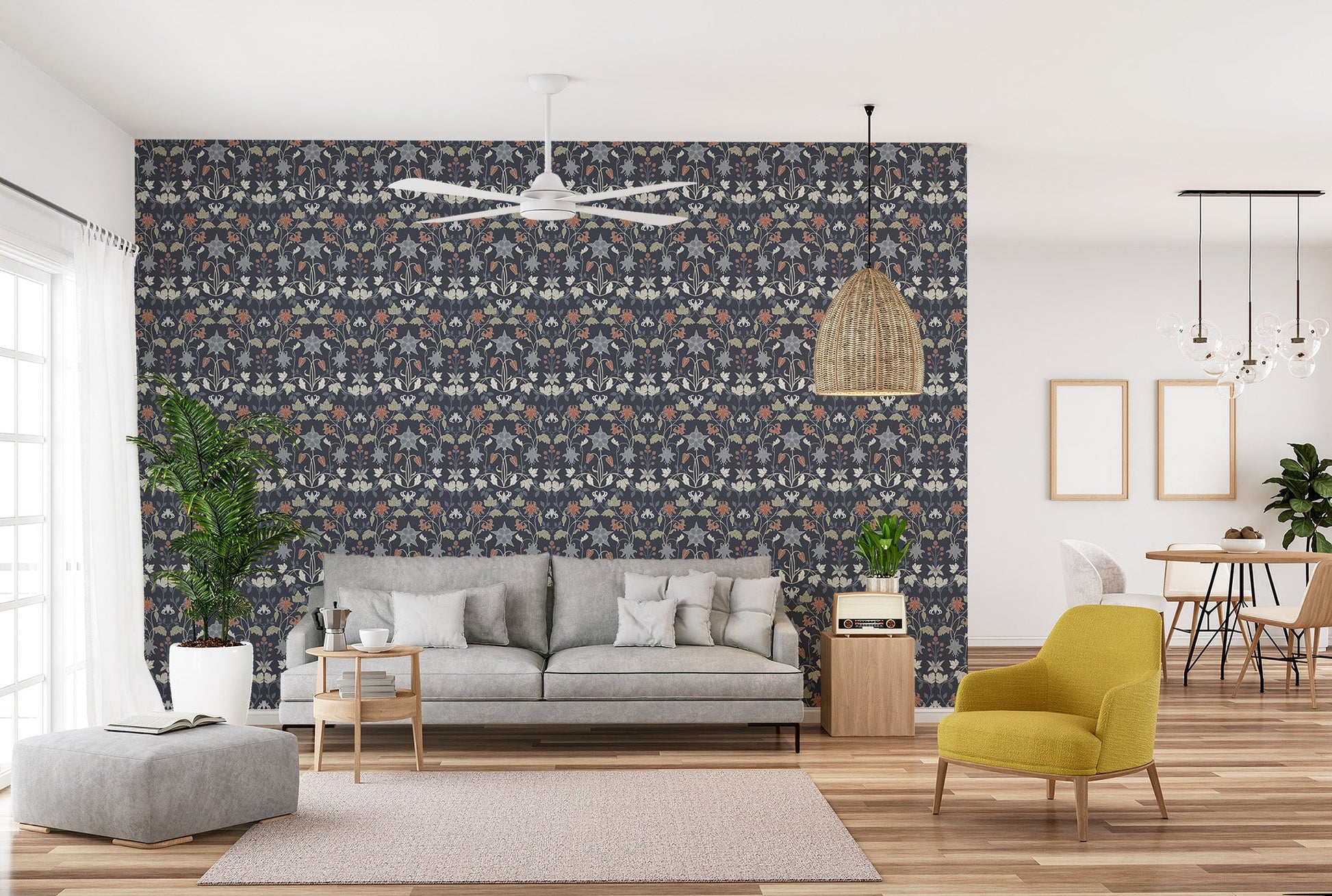 Decorative floral wallpaper mural with repeating leaf motifs.