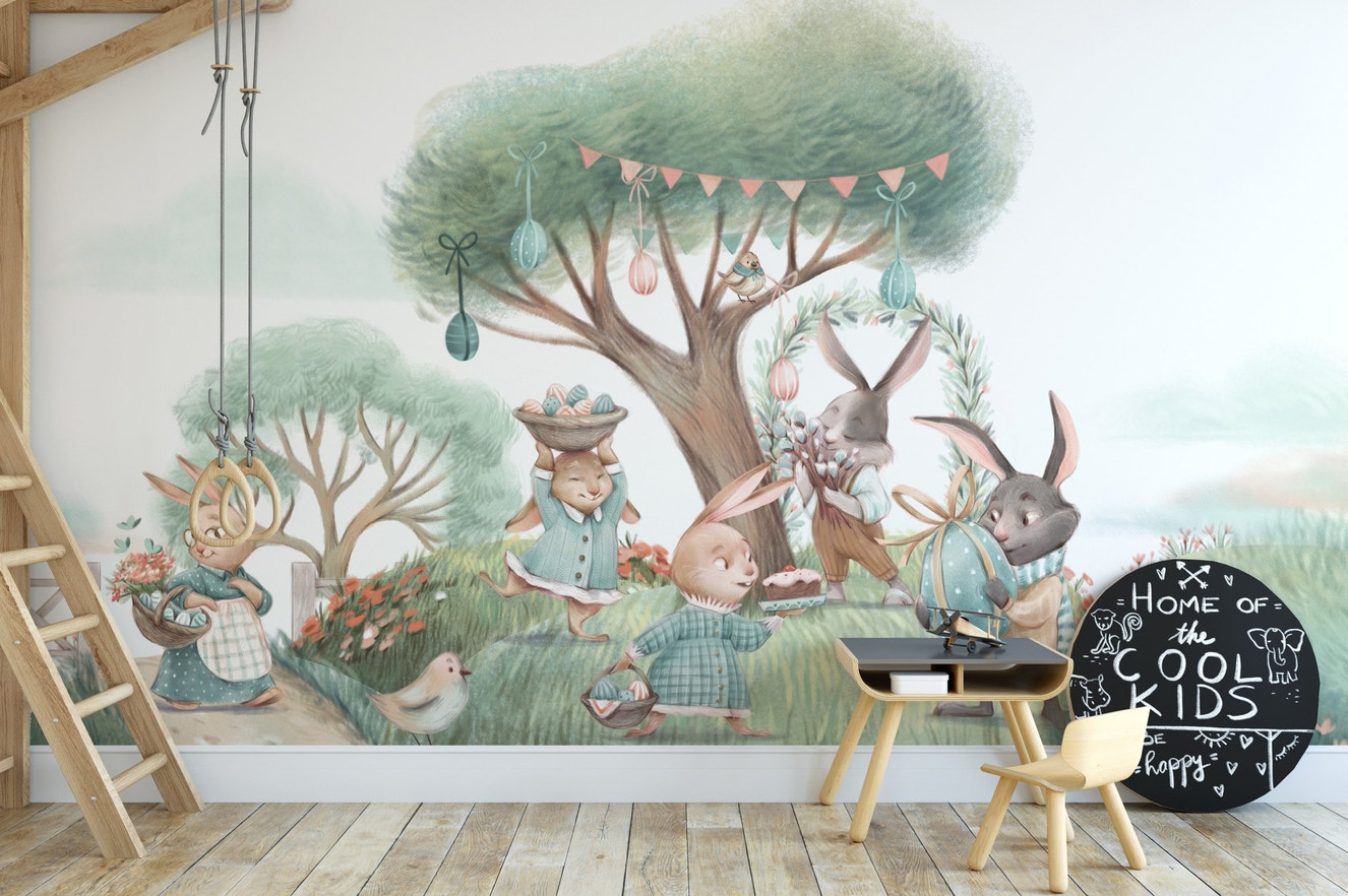 Storybook meadow wallpaper wall mural with festive tree decor.