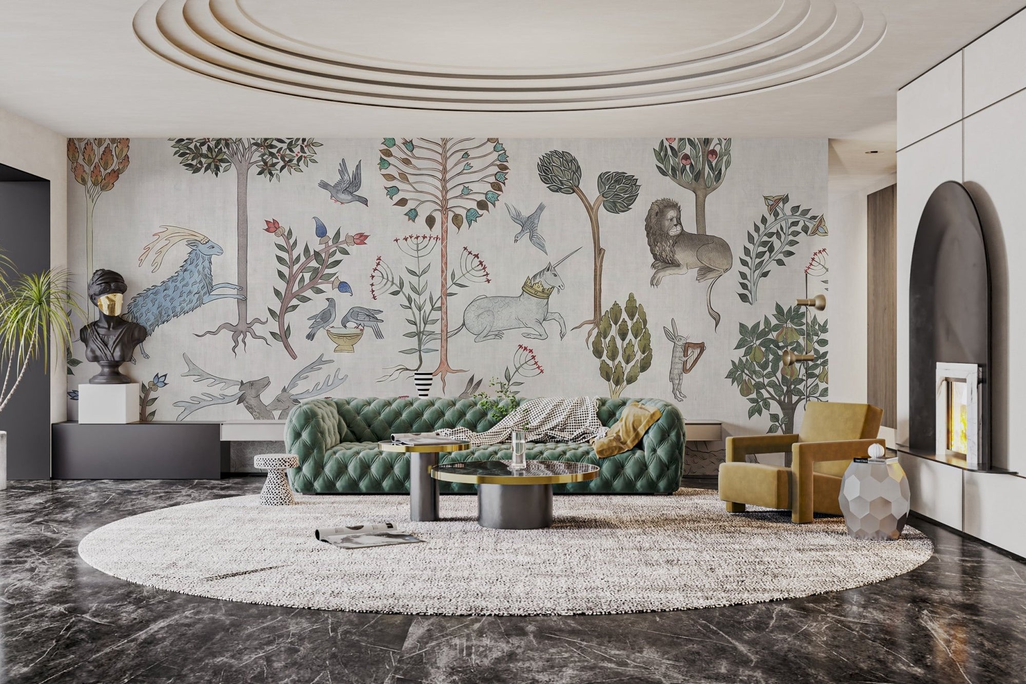 Mythical creature wonderland wall mural with forest animals wallpaper art.